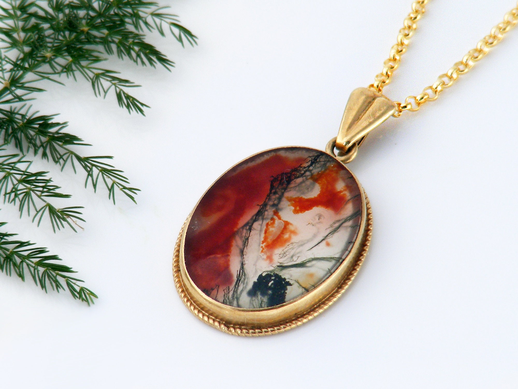 Vintage Moss Agate Pendant | 9ct Gold Gemstone Pendant | .375 Gold