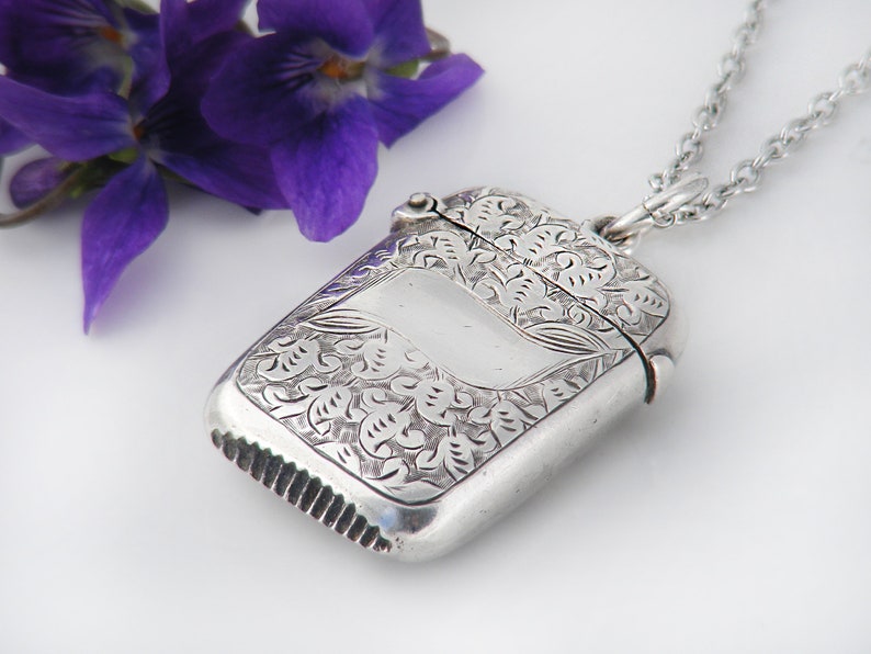 Victorian Chatelaine Case with 1887 English Hallmarks 32 Inch Long Chain Sterling Silver Locket Small Antique Vesta Case