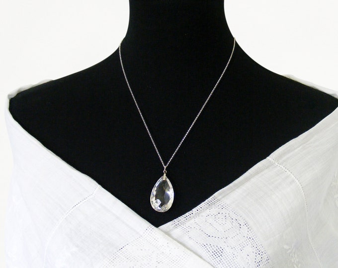 Antique Quartz Crystal Pendant | Faceted Cut Crystal Pear | Art Deco Jewelry - 20 Inch Rolo Chain