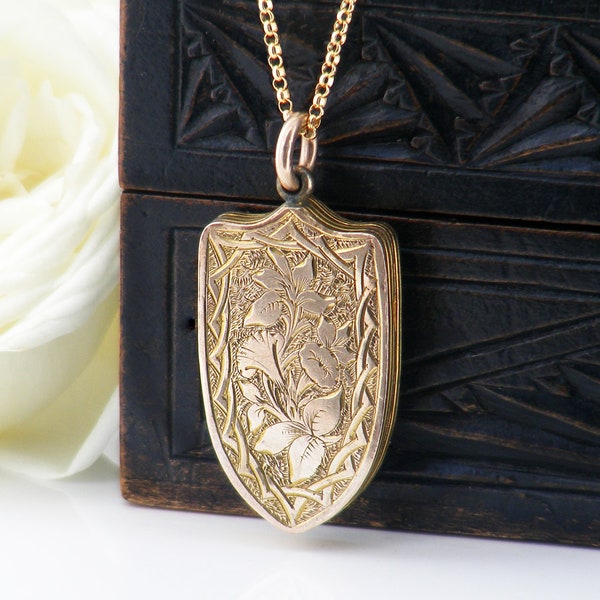 Gold Antique Locket | Love Token, Victorian Shield Locket | Engraved Gold Back & Front Shield Locket - 24 Inch Chain