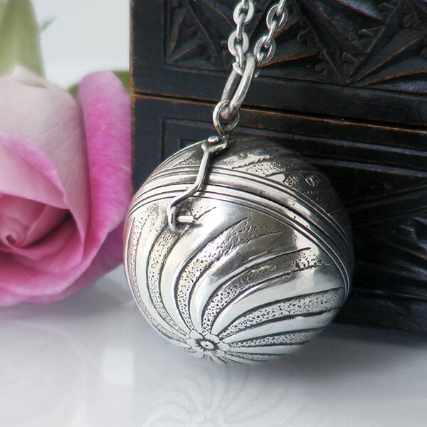 Antique Locket / Florentine Silver Ball Locket / Hallmarked 800 Silver Orb Locket Necklace / Keepsake Locket - 34 inch Chain Included