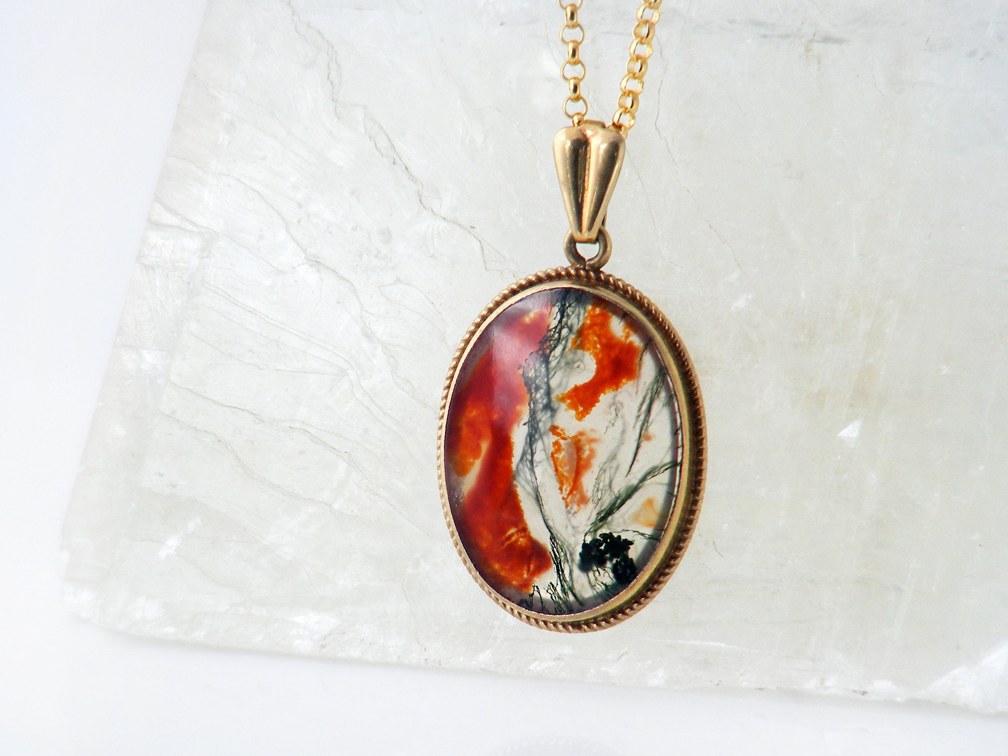 Vintage Moss Agate Pendant | 9ct Gold Gemstone Pendant | .375 Gold