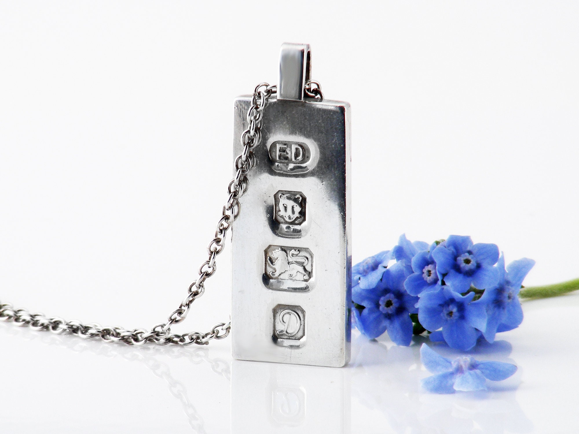 Vintage Sterling Silver Ingot Pendant 1979 English Hallmarks Minimal Sterling Pendant Half Ounce Silver Ingot 24 Inch Long Chain