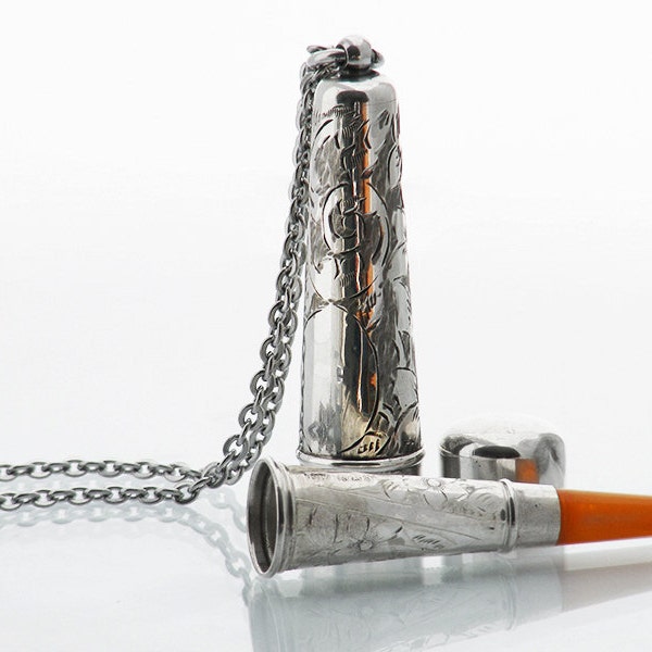 Sterling Silver Cheroot Holder Needle Case | Edwardian Chatelaine Case | 1912 Hallmark | Antique Sterling Silver Locket - 34 inch Long Chain