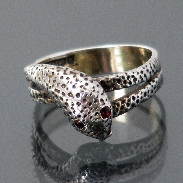 Antique Sterling Silver Snake Ring / Serpent Ring with Garnet Eyes Size 8 English Hallmarked Silver 1927