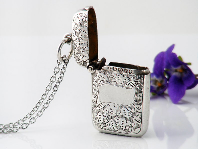 Victorian Chatelaine Case with 1887 English Hallmarks 32 Inch Long Chain Sterling Silver Locket Small Antique Vesta Case