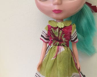 Green and Pink Floral With Stripes Vintage Hankie Dress For Blythe