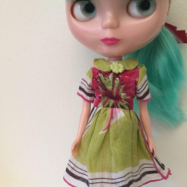 Green and Pink Floral With Stripes Vintage Hankie Dress For Blythe