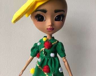 Christmas Tree Dress and Star Shaped Beret Set for Pullip, Blythe doll or BJD