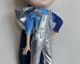 Shiny Silver Metallic Space Girl Y2K Hooded Overalls for Blythe doll BJD Pullip