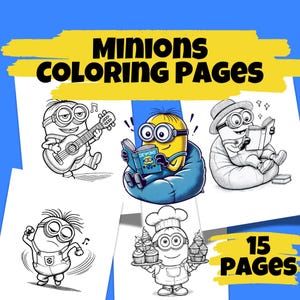 Minionki Kolorowanki, 15 Wydrukowanych Arkuszy z Kreskówek dla Dzieci i Dorosłych - Pliki PDF PNG, Minionki Png, Zabawna Aktywność, Natychmiastowe Pobieranie, Minionki