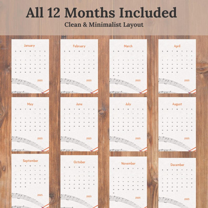 2025 Calendar Minimalist A4 Music Notes Theme Sunday & Monday Start