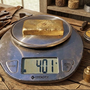 May include: A digital scale displays 40.1 grams with a gold-colored bar on the weighing surface. The scale is silver and has a digital display. A small brass weight and a tin of Bees-wax are also visible.