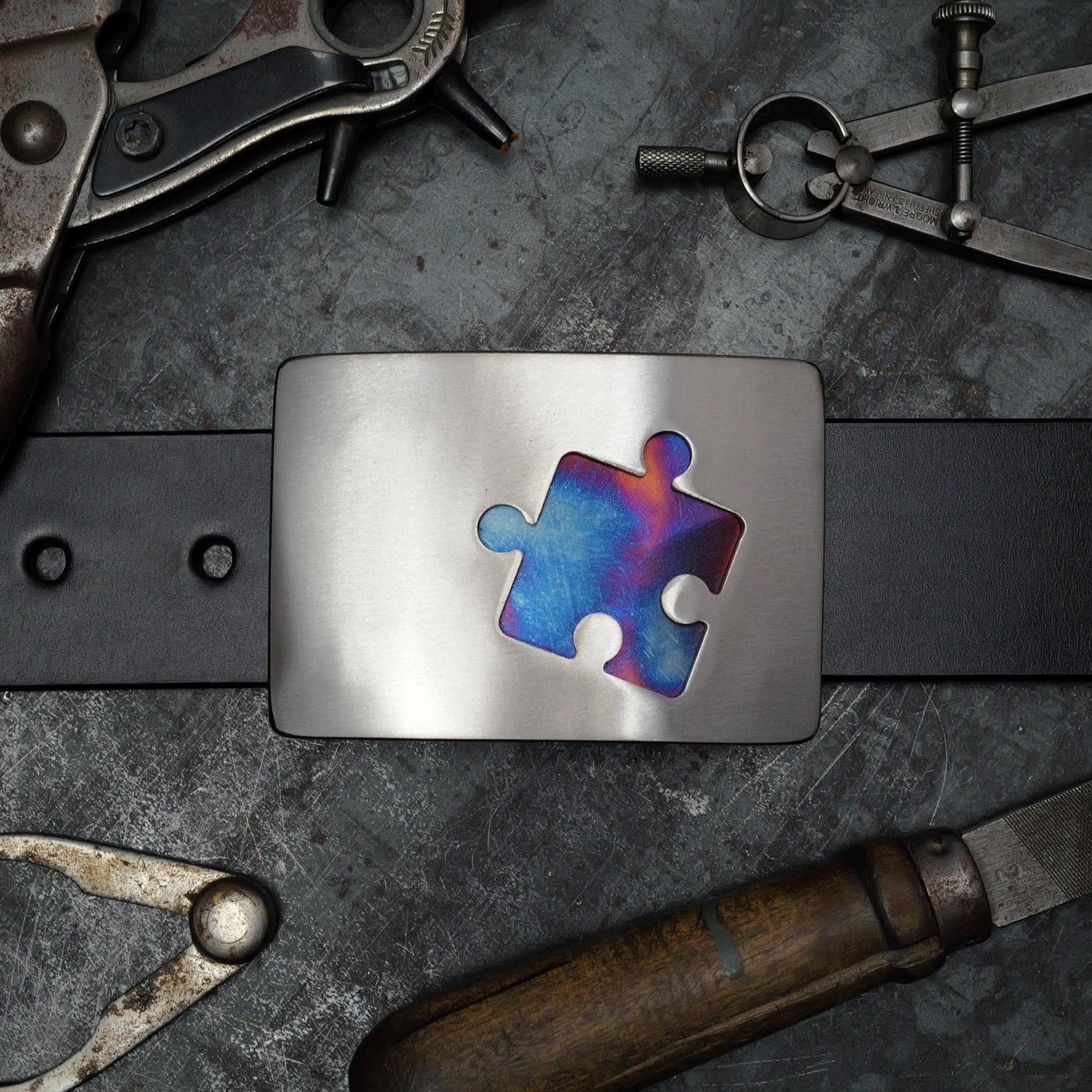 Handcrafted Steel Puzzle Belt Buckle, Black Leather Belt  display picture 3