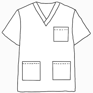 Op de afbeelding: Lijntekening van een witte medische scrubtop met een V-hals en korte mouwen. De scrubtop heeft drie vierkante zakken met stippellijnen die de openingen van de zakken aangeven. Een eenvoudig, strak ontwerp.