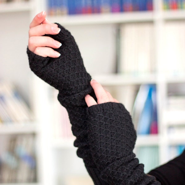 Black color long cashmere fingerless, black merino gloves, soft cashmere fingerless, women black arm warmer