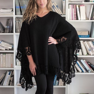Plus size black color merino wool poncho wrap tunic L size