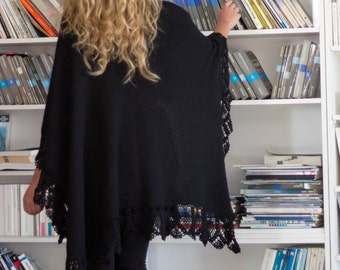 Knit poncho / Merino wool / Black color / Wrap / S M sizes / Made to order