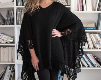 Plus size black color merino wool poncho wrap tunic L size