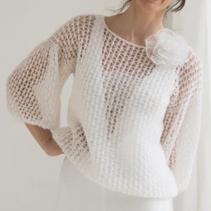 White mohair wedding sweater, White bridal   pullover with puffy sleeves, Lightweight white sweater, Mohair silk white feminine sweater