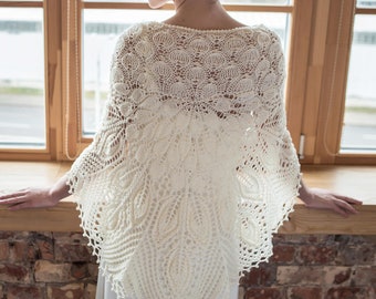 Ivory merino wool wedding shawl, white shoulder wrap, handknitted bridal cover up,floral pattern knitted shawl