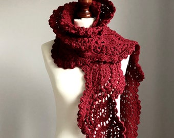 Burgundy scarf, crocheted laces scarf, cherry color, bohemian winter scarf, gift for her