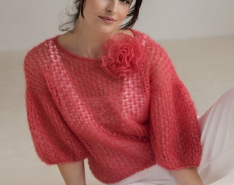 Mohair sweater coral color, Mohair pullover with puffy sleeves coral color, Lightweight sweater, Wedding mohair sweater coral color