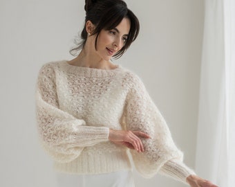 Off white mohair wedding sweater, ivory bridal silk mohair jumper, puff sleeves mohair sweater, mohair ivory cover up