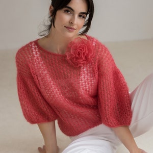 Mohair sweater coral color, Mohair pullover with puffy sleeves coral color, Lightweight sweater, Wedding mohair sweater coral color coral