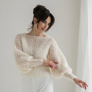 Ivory color mohair sweater.Silk mohair wedding off white sweater with puff sleeves and floral pattern.