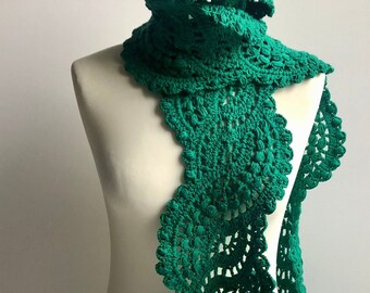 Crocheted green bohemian scarf, Emerald color lace scarf, Long crocheted Victorian scarf, Cotton emerald green scarf