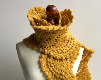 Echarpe jaune crochetée, foulard en laine boho, foulard jaune à lacets, accessoires féminins
