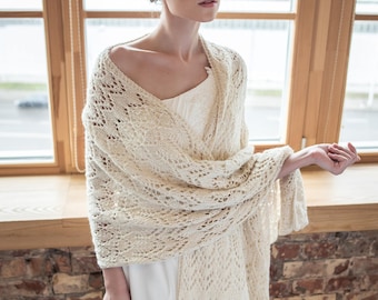 Organic baby alpaca shawl, wedding lace shawl, knitted wedding wrap, baby alpaca wedding wrap, ivory lace shawl, bride lace wrap, organic