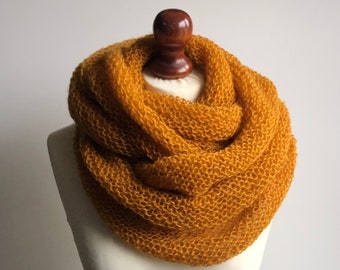 Knitted Chunky Infinity Scarf, Mustard Color Cowl, Yellow Mohair Wrap, Oversized Scarf, Loop Scarf, Mohair scarf