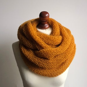Knitted Chunky Infinity Scarf, Mustard Color Cowl, Yellow Mohair Wrap, Oversized Scarf, Loop Scarf, Mohair scarf
