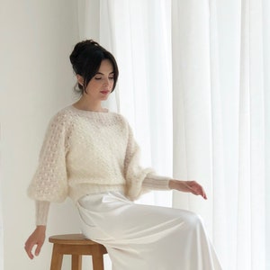 Off white mohair wedding sweater, ivory bridal silk mohair jumper, puff sleeves mohair sweater, mohair ivory cover up image 3