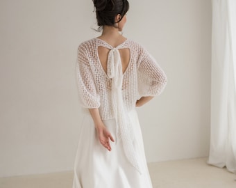 White Mohair Silk Wedding Sweater, Bridal Lace Pullover, Snow White Mohair Sweater With Balloon Sleeves, Open Back Bridal Sweater