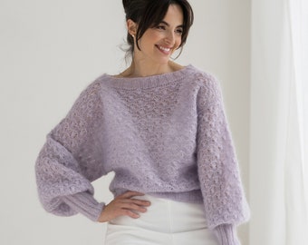 Mohair sweater in lavender color with puff sleeves, Wedding silk mohair sweater