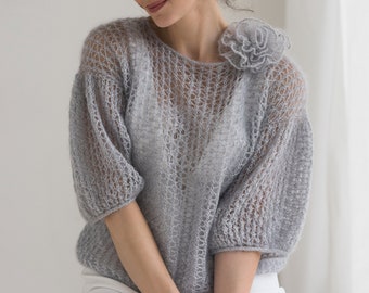 Handmade Grey color mohair sweater, Silk mohair pullover with puffy sleeves, Lightweight sweater, Bridal sweater