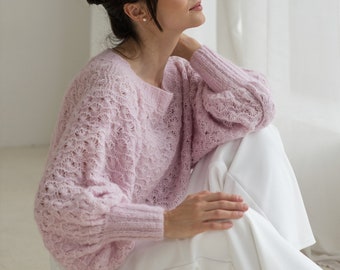 Pink alpaca handknitted sweater with puff sleeves, Wedding pink alpaca sweater