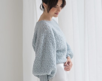 Blue Alpaca Sweater, Balloon Sleeves Sweater, Wedding Alpaca Sweater, Bride Puff Sleeves Blue Sweater, Alpaca Pullover, Ice Blue Alpaca Wrap