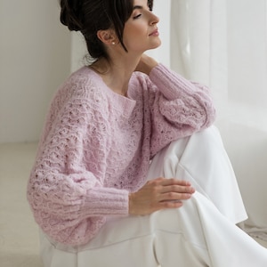 Pink alpaca handknitted sweater with puff sleeves, Wedding pink alpaca sweater