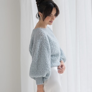Blue Alpaca Sweater, Balloon Sleeves Sweater, Wedding Alpaca Sweater, Bride Puff Sleeves Blue Sweater, Alpaca Pullover, Ice Blue Alpaca Wrap