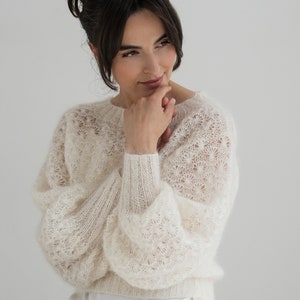 Off white mohair wedding sweater, ivory bridal silk mohair jumper, puff sleeves mohair sweater, mohair ivory cover up image 2