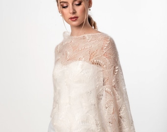 Poncho da sposa in mohair color avorio, scialle da sposa in mohair, involucro fatto a mano in bianco sporco