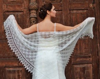 Wedding knitted lace shawl in mohair and silk yarn color ivory