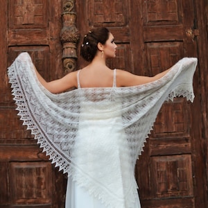 Wedding knitted lace shawl in mohair and silk yarn color ivory
