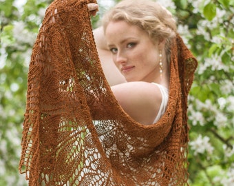 Knitted shawl / lace wrap / cinamon color / linen shawl / women handknitted lace stola / bridesmaid shawl /