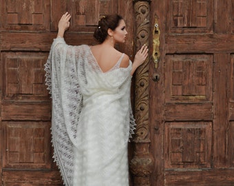Wedding Lace Shawl, Ivory Laces Wedding Shawl, Mohair with Silk Wrap, Brides Laces Shawl, Art Deco Wedding Shawl, Handknitted