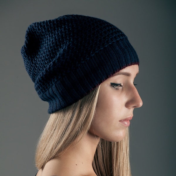 knitted beanie hat merino woll blue burgundy